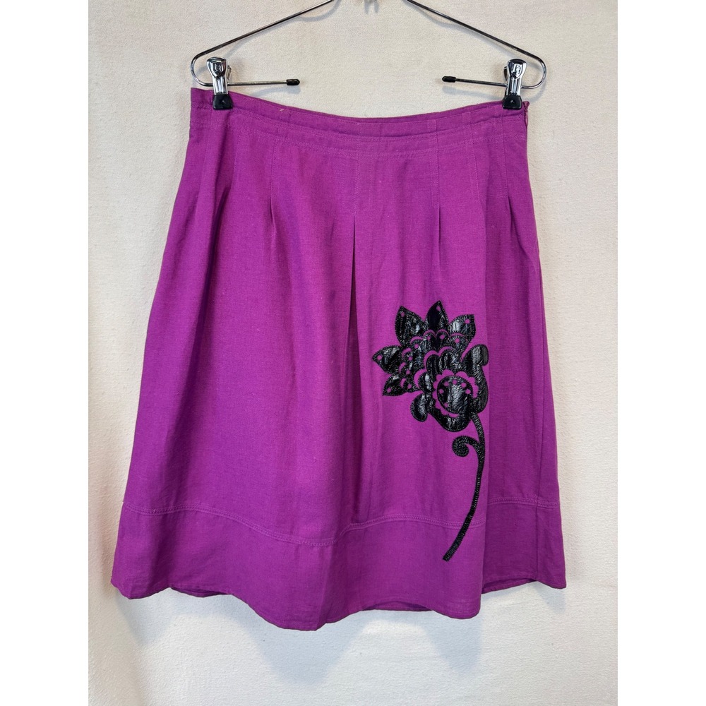 Lily Stanhope Skirt Magenta Purple Linen Blend Floral Applique A-Line Size 4